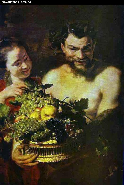 Jacob Jordaens Satyr and Girl with a Basket of Fruit